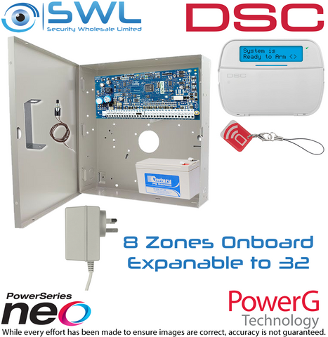 DSC Neo Kit: 8-32 Zone, Cabinet, Plug Pack, Tamper, RF LCD KP Prox