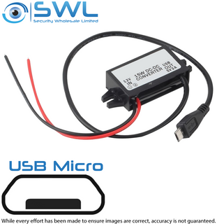 12VDC Two Wire Input To 5V 3A (15W) Micro USB Output