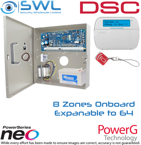 DSC Neo HS2064 RF Kit: Transformer, Battery, Tamper & HS2LCDRFP4N RF Keypad