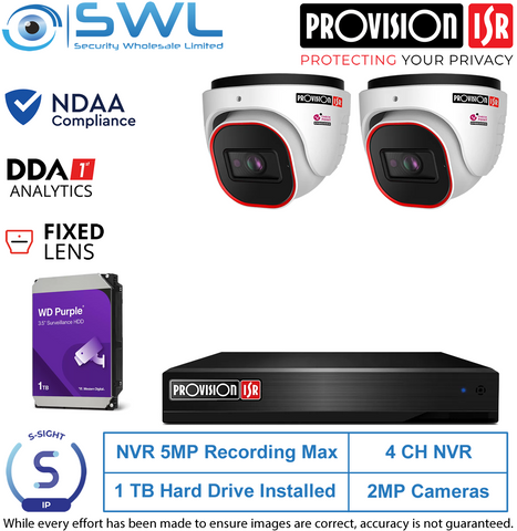Provision-ISR 4CH NVR5 KIT: With 1Tb & 2x 2MP S-Sight Turrets 2.8mm