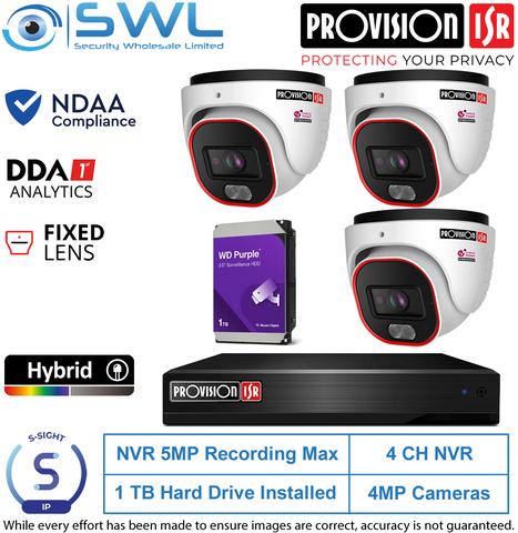 Provision-ISR 4CH NVR5 KIT: With 3x 4MP S-Sight Turrets 2.8mm, 1Tb HDD