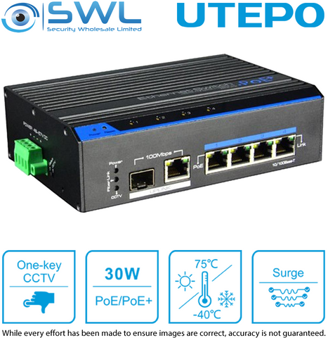 Utepo UTP7204E-POE-A1: 4 x 10/100 PoE 60W +1, Watchdog, DIN