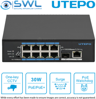 Utepo UTP7108E-POE: 8 x 10/100 PoE 120W + 1 x SFP, Watchdog, DIN