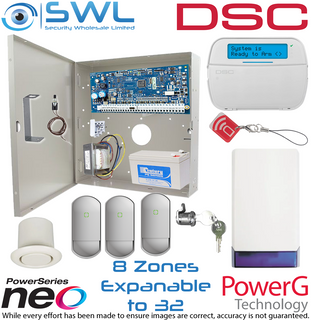 DSC Neo Kit 8-32 Zone: TX,Tamp, RF LCD KP, 2x Sirens, 3x FLX-S-ST, Cam Loc