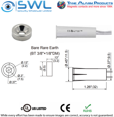 TANE TAP-10 DM Recessed Reed: 9.5mm DIA. 15mm Gap. Donut Magnet, Rare Earth