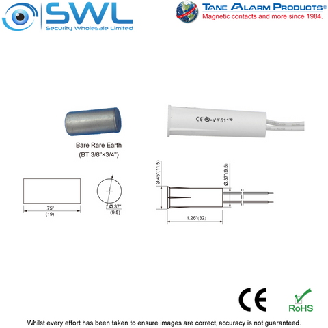 TANE TAP-10 WG Recessed Reed: 9.5mm DIA. 32mm Gap. Magnet in Long Sleeve