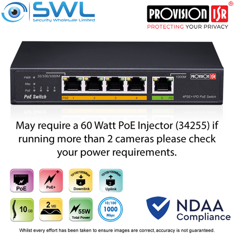 Provision-ISR PoES-0460G+1G(HPD): 4x Gigabit PoE, PoE+ Powered