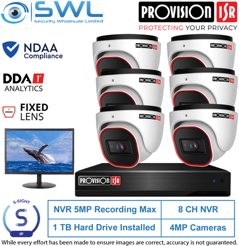 Provision-ISR 8CH NVR5 KIT: With 6x 4MP S-Sight Turrets 2.8mm 1Tb, 22" MONITOR