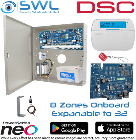 DSC Neo Kit: 8-32 Zone, Cabinet, Transformer, Tamper, LCD KP Prox, Com Module