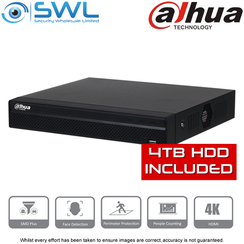 Dahua NVR4108HS-8P-4KS2/L-4T 8CH, 8x PoE 1x 4TB HDD INCLUDED