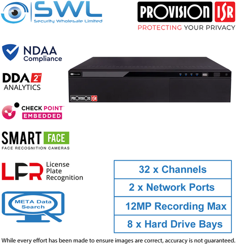 Provision-ISR NVR12-32800RFAN(2U): 32CH NVR No PoE, Face Rec, LPR, 2 x NIC, 8 x