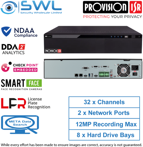 Provision-ISR NVR12-32800RFAN: 32CH NVR No PoE, LPR, 2 x NIC, 8 x HDD Bays
