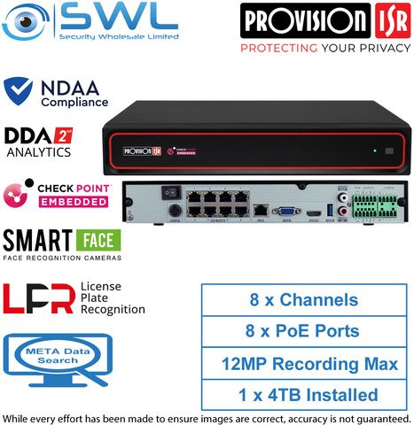 Provision-ISR NVR12-8200PFAN 8CH NVR, 8xPoE 12MP, LPR, Alarms, NDAA, 1 x 4TB