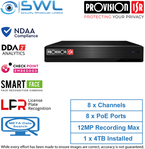 Provision-ISR NVR12-8200PFAN 8CH NVR, 8xPoE 12MP, LPR, Alarms, NDAA, 1 x 4TB