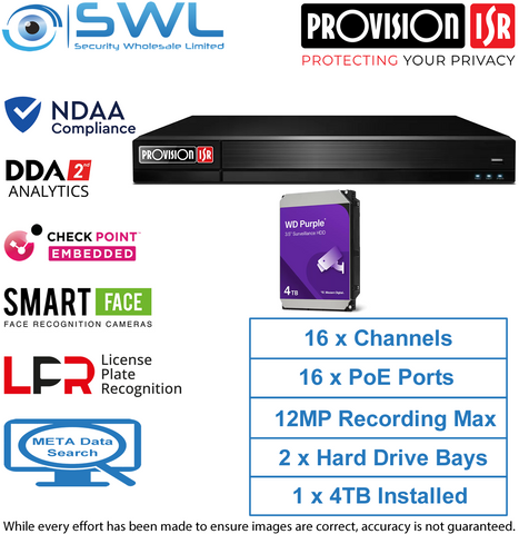 Provision-ISR NVR12-16400PFAN(1U) 16CH, FACE RECOGNITION NVR 16x PoE 1x 4TB HDD