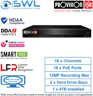 Provision-ISR NVR12-16400PFAN(1U) 16CH, FACE RECOGNITION NVR 16x PoE 1x 4TB HDD