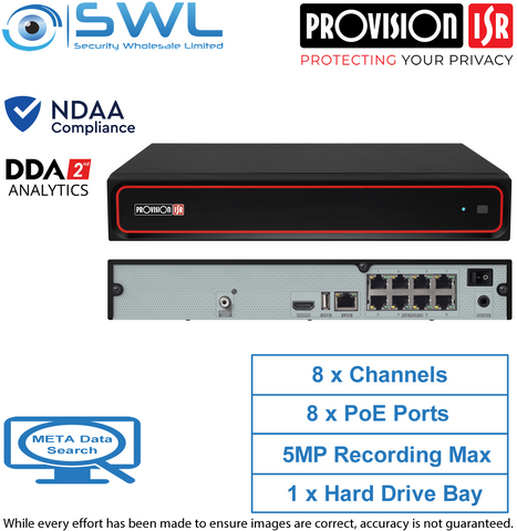 Provision-ISR NVR5-8200PXN(MM) 8CH NVR, 8x PoE, 1x HDD. No HDD Included, NDAA