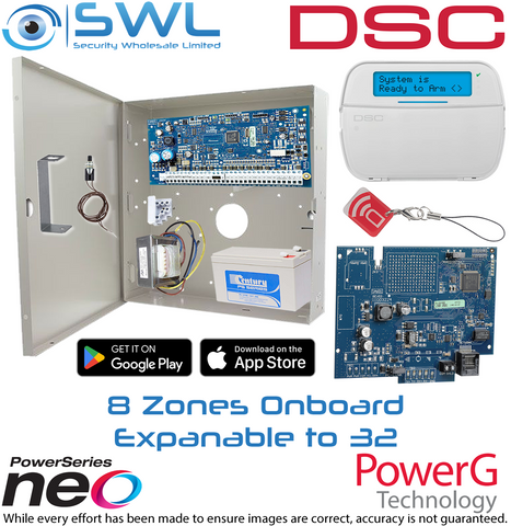 DSC Neo Kit: 8-32 Zone, Cabinet, Transformer, Tamper, RF LCD KP Prox, Com Module