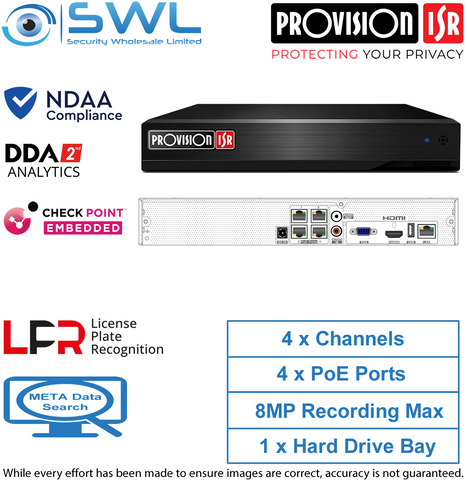 Provision-ISR NVR8-4100PN-V2: 4CH 8MP NVR, 4x PoE, 1x HDD. No HDD Included, NDAA