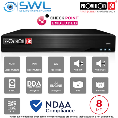 Provision-ISR NVR8-4100PN-V2: 4CH 8MP NVR, 4x PoE, 1x HDD. No HDD Included, NDAA