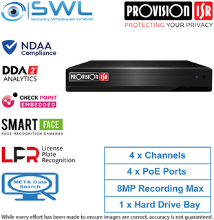 Provision-ISR NVR8-4100PN-V2: 4CH 8MP NVR, 4x PoE, 1x HDD. No HDD Included, NDAA