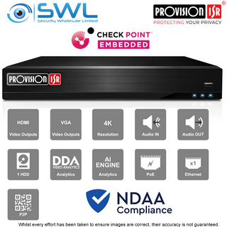Provision-ISR NVR8-4100PN-V2: 4CH 8MP NVR, 4x PoE, 1x HDD. No HDD Included, NDAA