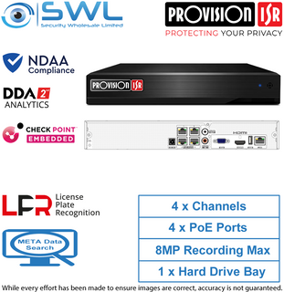 Provision-ISR NVR8-4100PN-V2: 4CH 8MP NVR, 4x PoE, 1x HDD. No HDD Included, NDAA