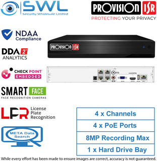 Provision-ISR NVR8-4100PN-V2: 4CH 8MP NVR, 4x PoE, 1x HDD. No HDD Included, NDAA