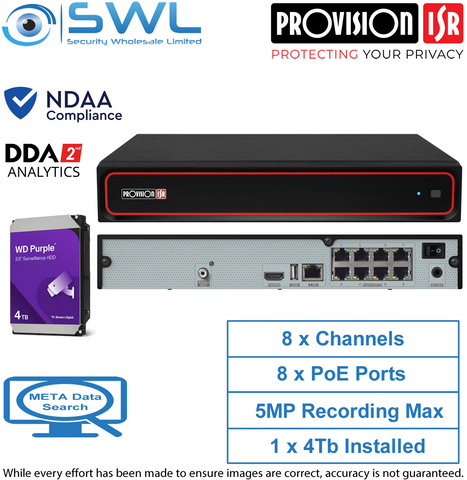 Provision-ISR NVR5-8200PXN(MM) 8CH NVR, 8x PoE, 1x HDD. 4TB HDD Included, NDAA