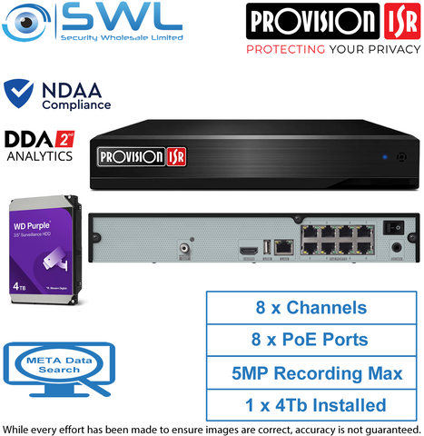 Provision-ISR NVR5-8200PXN(MM) 8CH NVR, 8x PoE, 1x HDD. 4TB HDD Included, NDAA