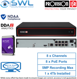 Provision-ISR NVR5-8200PXN(MM) 8CH NVR, 8x PoE, 1x HDD. 4TB HDD Included, NDAA