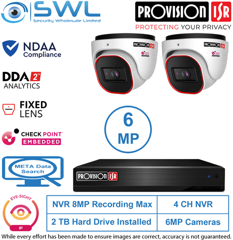 Provision-ISR 4CH NVR KIT: With 2x 6MP Eye-Sight Turrets 2.8mm 2Tb HDD Inc.
