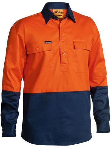 Bisley 2 Tone Closed Front Hi Vis Drill Shirt - Long Sleeve