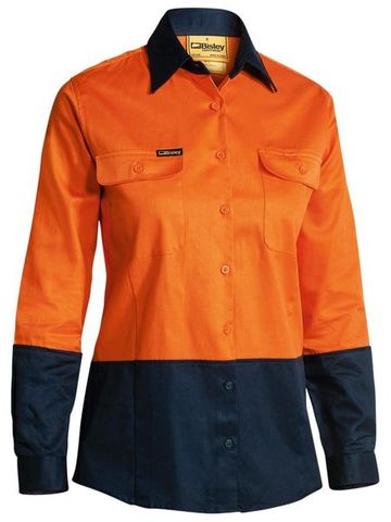 Bisley Womens Hi Vis Drill Shirt - L/S            -10 -ORANGE/NAVY