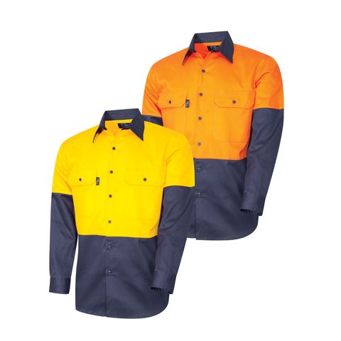 TRU Shirt 160gsm L/S Two Tone Cotton Drill with Ho-2XL-ORANGE/NAVY