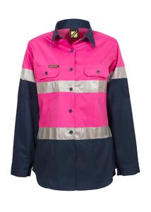 Lightweight Ladies Two Tone L/S Cotton Drill Shirt-10-Pink/Navy