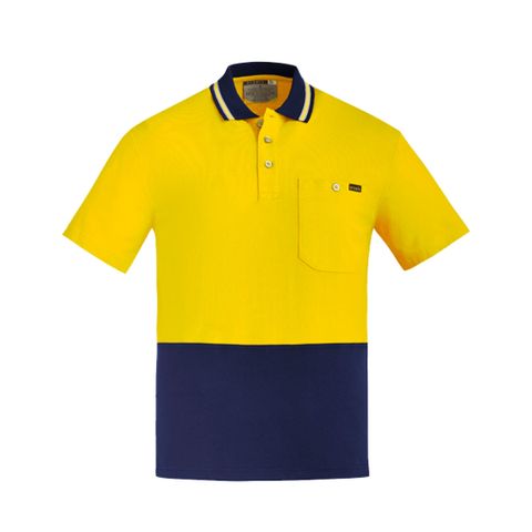 SYZMIK Mens Hi Vis S/S Cotton Polo -L  -YELLOW/NAVY