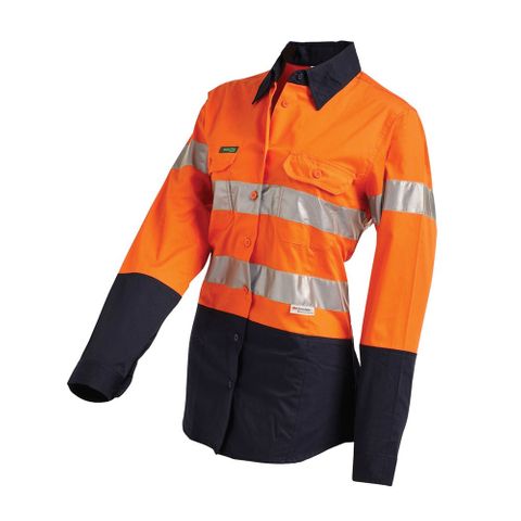 Workit SHIRT L/S LADIES 155GSM HI-VIS DRILL / TAPE-14-ORANGE/NAVY