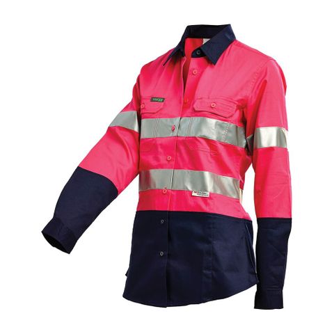 Workit SHIRT L/S LADIES 155GSM HI-VIS DRILL / TAPED-12-PINK/NAVY