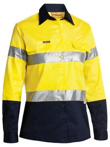 Bisley 2 Tone Womens Hi Vis Drill Shirt 3M Reflective Tape Long Sleeve-12-YELLOW/NAVY