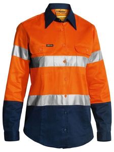 Bisley 2 Tone Womens Hi Vis Drill Shirt 3M Reflective Tape - Long Sleeve