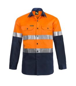 LIGHTWEIGHT HI VIS TWO TONE L/S VENTED COTTON DRILL SHIRT WITH CSR TAPE-S-ORANGE/NAVY