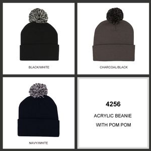 Acrylic Beanie with Pom Pom-one size-Charcoal/Black