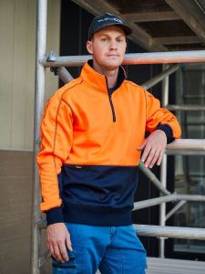 Bisley Hi Vis Fleece 1/4 Zip Pullover-2XL-ORANGE/NAVY