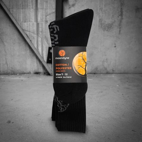 Moondyne Promo Polyester/Cotton Work Socks-4 Pair Pack-Size 7-12