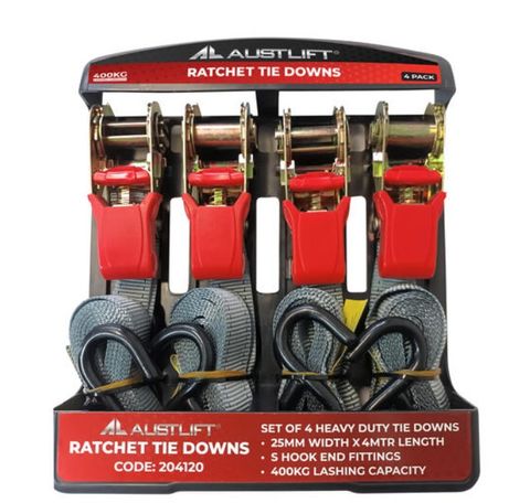Ratchet Tie Down Heavy Duty 4 Pack 25mmx3M  with S Hook LC400KG