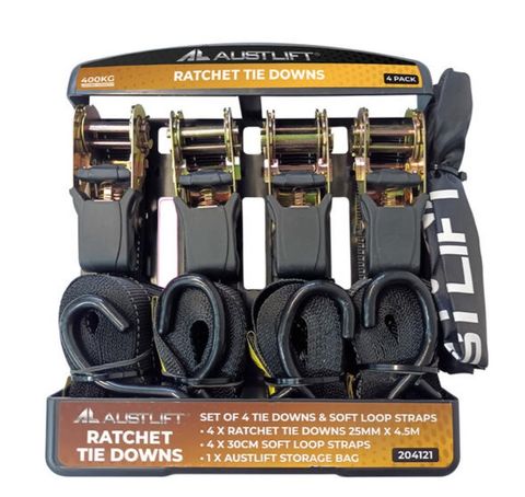 Ratchet Tie Down Heavy Duty 4 Pack  25mmx4.5M S Hook LC400KG + 4x short straps +  storage bag