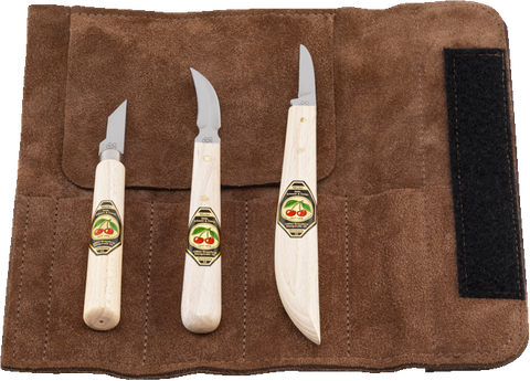 CHIP CARVING KNIFE 3-PCE SET - Suede Leather Display Roll