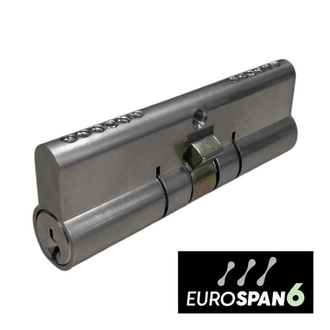 'EUROSPAN-6' CYLINDER *EXTENDED* (90mm) DBL EURO FIXED 6-Pin *Satin Chrome* (KD)