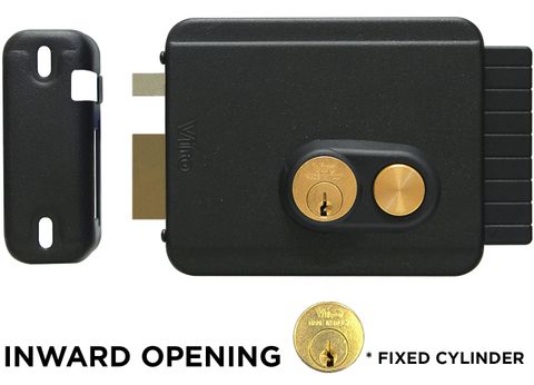 'V97' Electric GATE LOCK (Left Handing) - Inward Opening - W/Exit Button - Deadlatch  - Adj. 50-80mm B/set *Black*